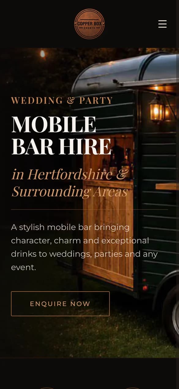 The Copper Box Events homepage on a phone
